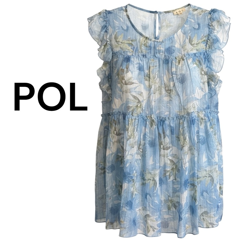 POL Blue Floral Ruffle Trim Sleeveless Semi Sheer Top Size M Boho Cottagecore